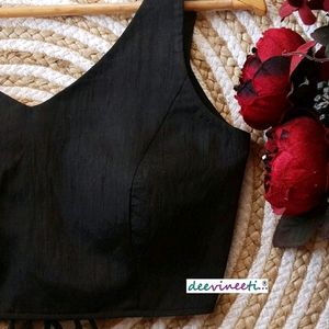 Black Cotton Backless V Neck Blouse