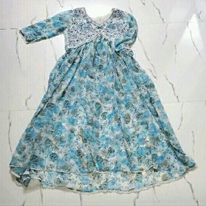 Sky Blue Floral Printed Anarkali Set