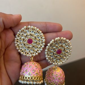 stylish Pink Kundan Pearl Jhumka For Women