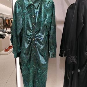 ZARA green satin paisley print ruched shirt