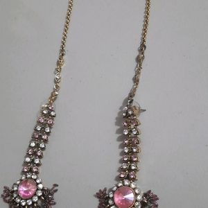 Pink Gold Diamond Necklace With Mang Tikka And Cha