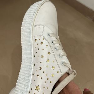 White Shoes with Cute Golden Design