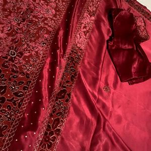 Red Silk Velvet Heavy Work Saree