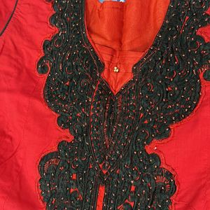 Red And Black Embroidery Kurtha Set