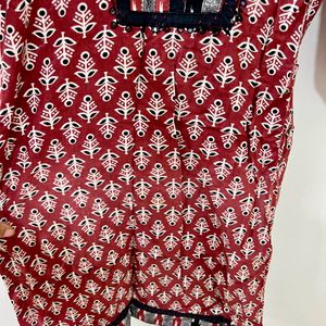 Red Color Cotton Straight 3/4 Sleeve Kurta