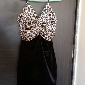 Black Satin Leopard Print Padded Mini Dress