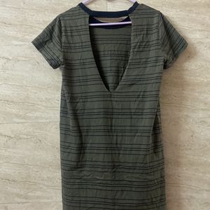 Olive Green Stripped Backless Shirt Dress