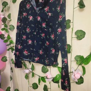 Floral Print Navy Blue Shirt For Office Wear.