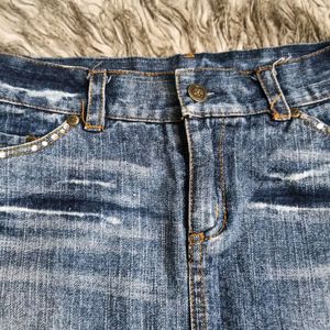 Blue Denim Beaded Pocket Skirt