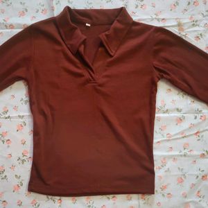 Coffee Brown Long Sleeve Collar Top