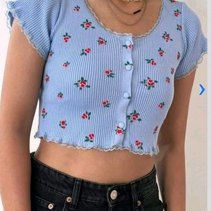 Urbanic Crop  Top , Ribbed Pattern , Blue Colour,