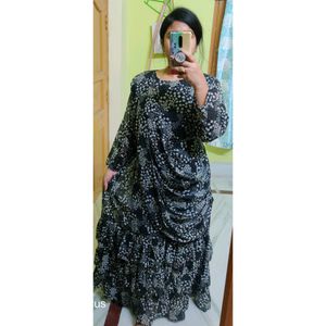 Black Floral Printed Saree Gown