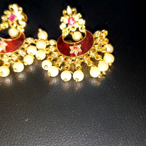 BEAUTIFUL RED AND WHITE KUNDAN PEARL EARRINGS