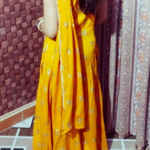 Beautiful Long Dress Yellow Clour Golden Work