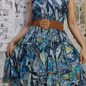 Blue Patterned Knee Length Dress