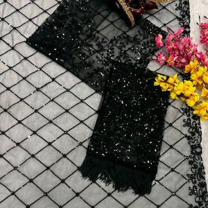 Black Net Saree With Sequence Work