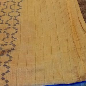 Peach Colour Cotton Checked Saree With Blue Border