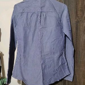 Blue Striped Chinese Collared Shirt For Women