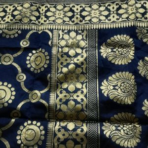 Blue Silk Dupatta With Golden Print