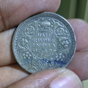 Very Rare Silver Half Rupee 1942 Coin