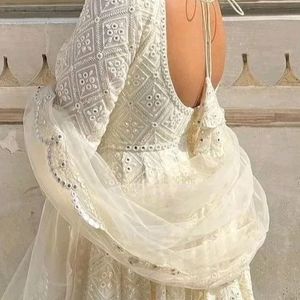 White Chickenkari Gown With Dupatta