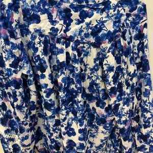 White Blue Floral Cotton Top