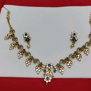 Light Blue Stone Gold Plated Necklace With Earring