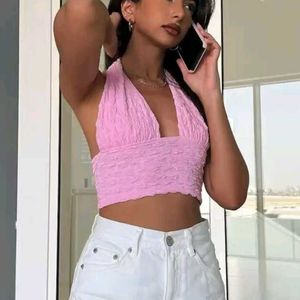 H&M Baby pink Halter Neck Fitted Crop Top