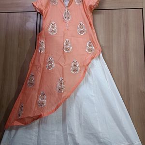 Orange & Off White Ethnic Gown (1 Piece Dress)