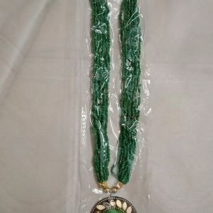 Green Seed Bead Necklace With Gold Plated Pendant