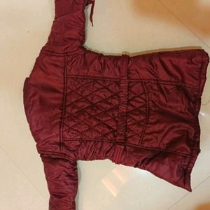 Maroon Winter Fur Woollen Jacket For Kids Girls