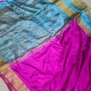 Pink And Sky Blue Colour Saree With Blouse