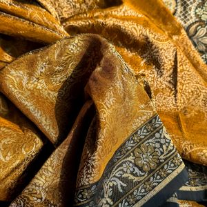 100% Pure Luxury Gold Himroo Silk Saree