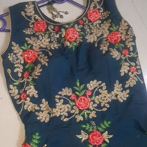 Sleeveless Party Wear Gown Peacock Colour