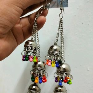 Triple Layered Multi Colour Long Jhumka Earrings