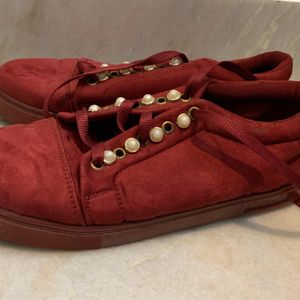 Maroon Velvet With Pearl Design Shoes