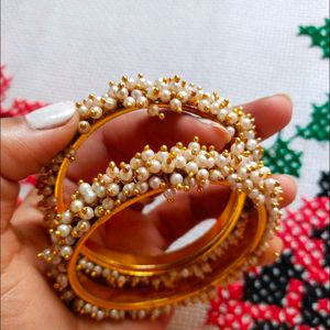 Golden Kada With White Pearls