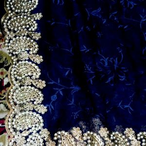 Navy Blue Saree With Pearl And Thread Work Border