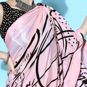 Pink And Black Abstract Print Saree