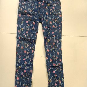 Blue Floral Print Jeans For Girls