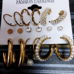 Combo 9 Pair Stunning Gold Plated Pearl Hoop Studs