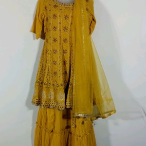 Mustard Yellow Embroidered Kurta Skirt Set(women)