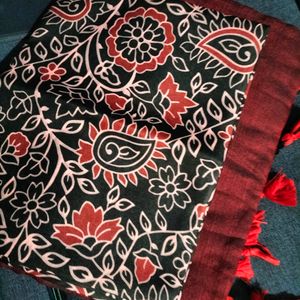 Sale🎉 Maroon Khadi Cotton Saree With Leaf Print