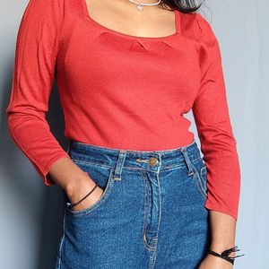 Red square neck sweater