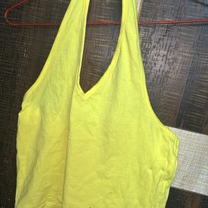 Yellow Pure Cotton Solid Halter Neck Crop Top