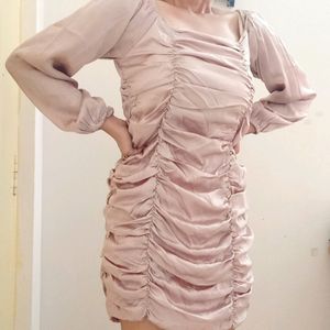 Nude Pink Satin Ruched Bodycon Dress