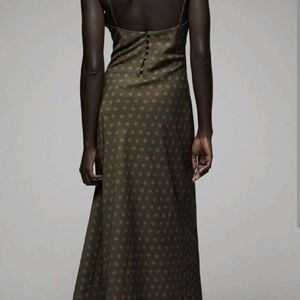 Zara Olive Green Polkadot Slit Dress