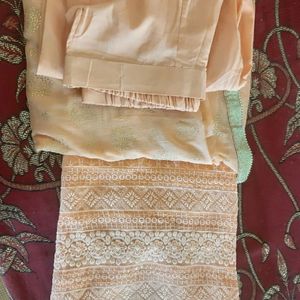 Peach Georgette Chikandari Suit With Pant Plazo