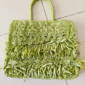 Rafia Fringe Woven Tote Bag