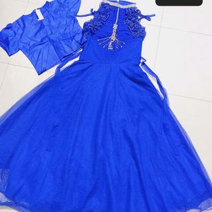 Blue designer gown with flares and with inner & accessory for girls